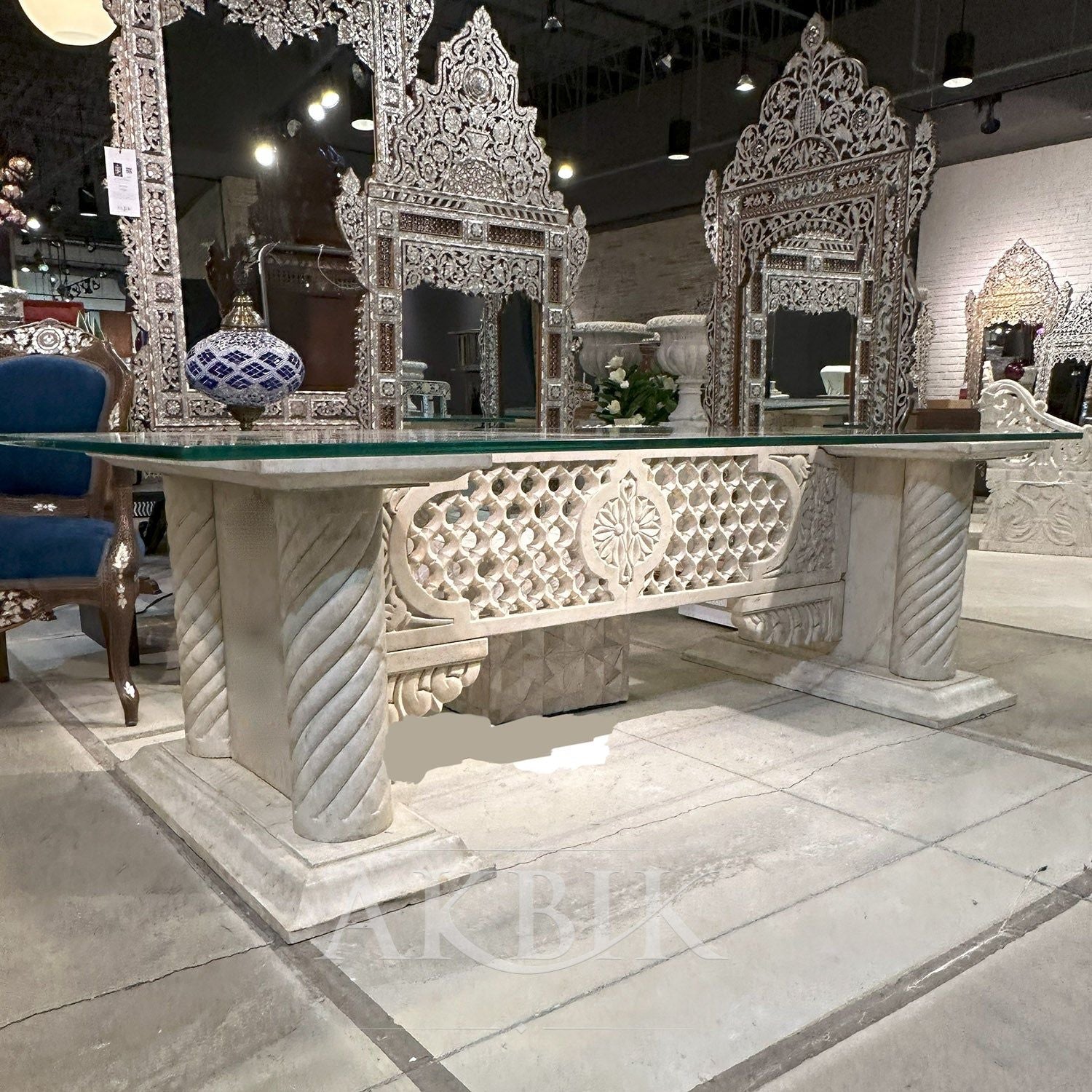 Carved Mediterranean Marble Dining Table, Desk Alternative.
