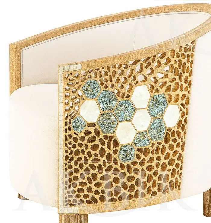 Side view of a Honeycomb Barrel Chair with Abalone & Mother-of-Pearl Inlay | Custom Luxury Seating by Akbik