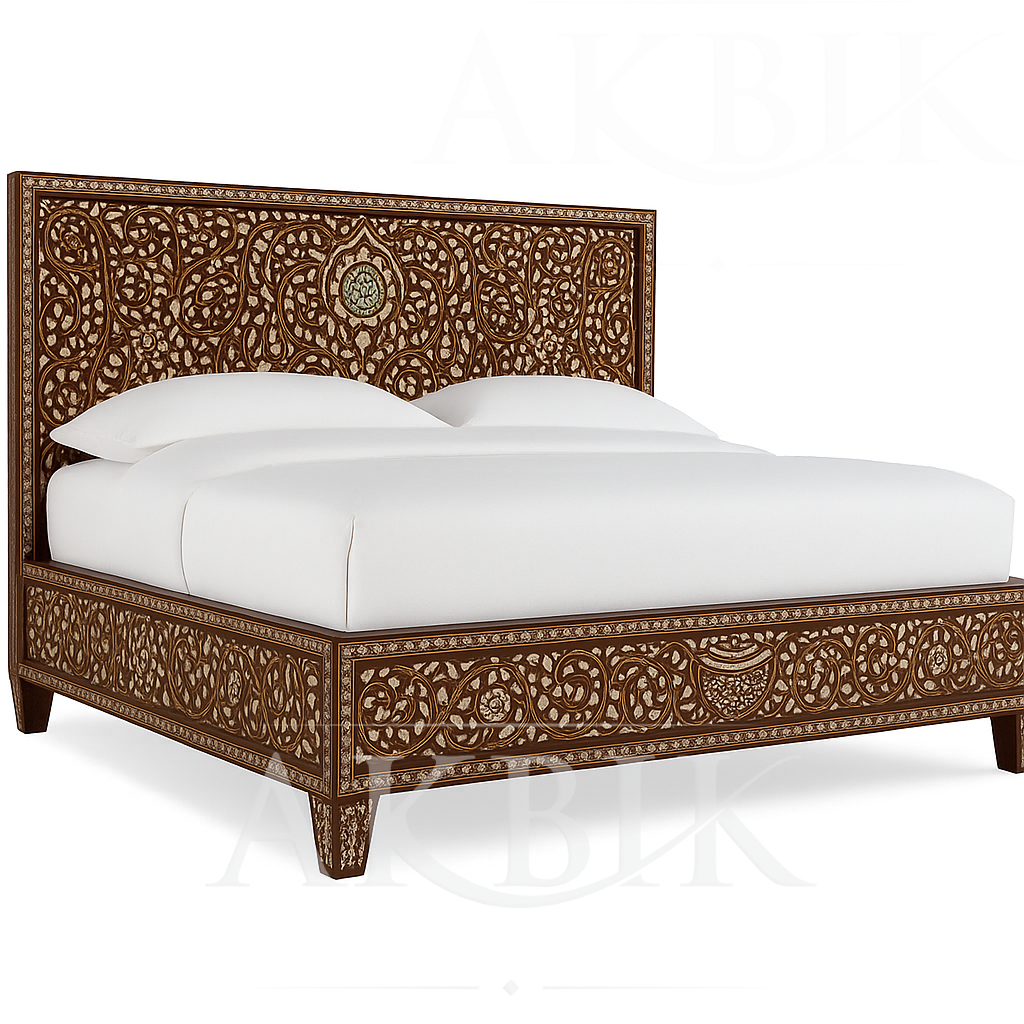 Decorative wooden bed with intricate carvings and mother of pearl inlay by Akbik Furniture & Design