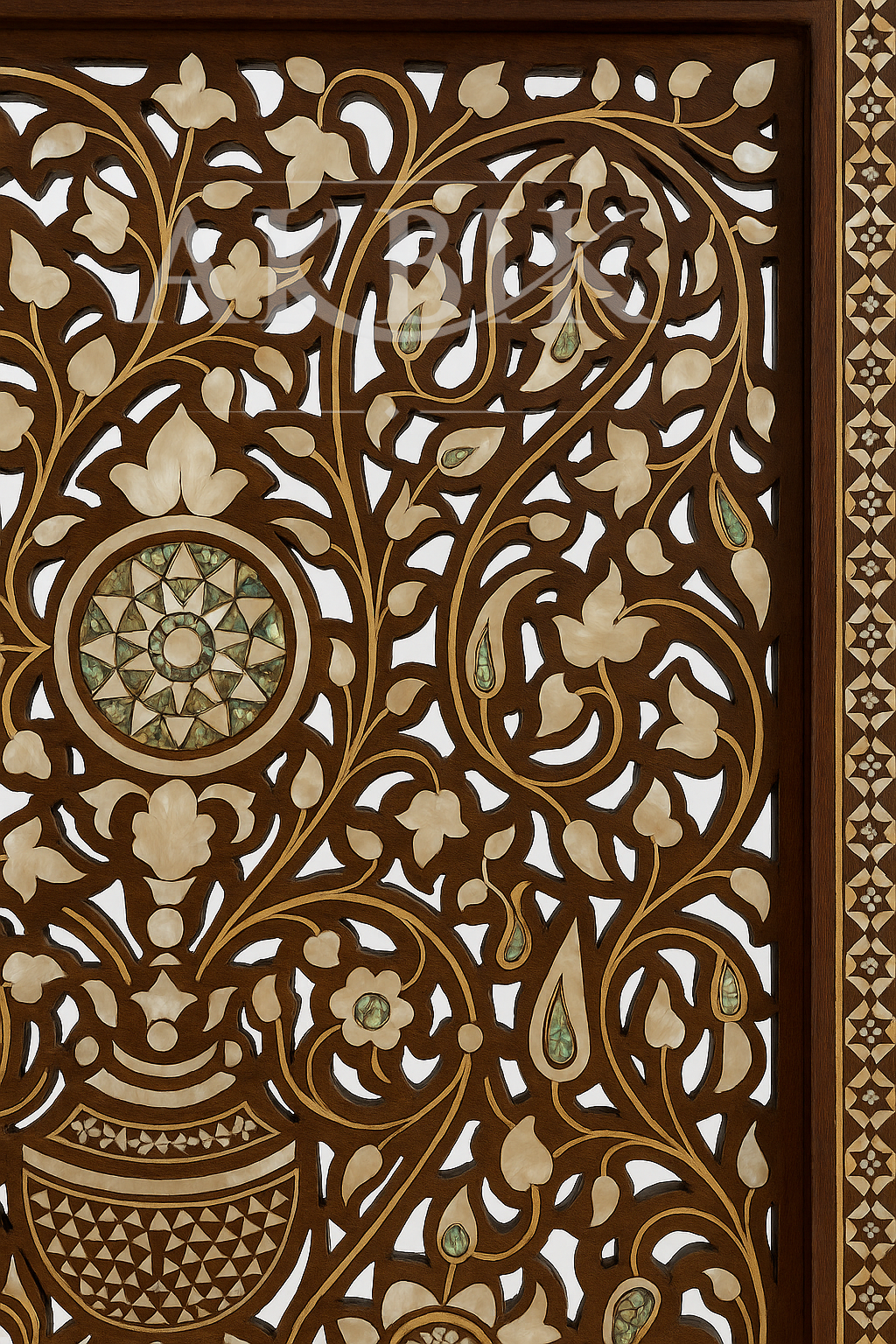Details of a decorative wooden bed with intricate carvings and mother of pearl inlay by Akbik Furniture & Design