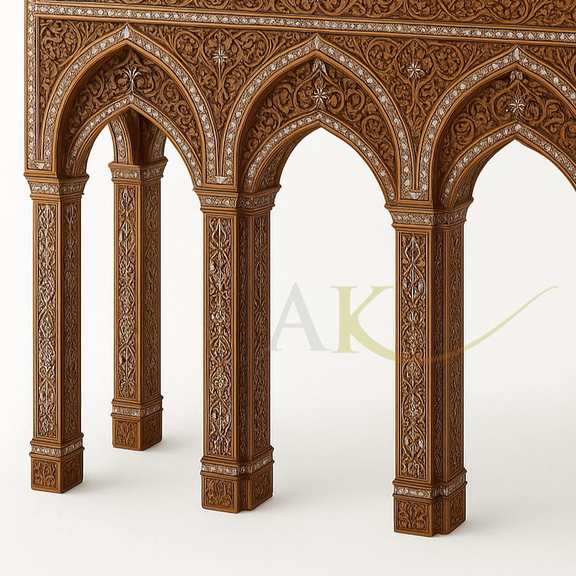 A walnut wood console table with intricate Moorish arch designs and mother-of-pearl inlay.