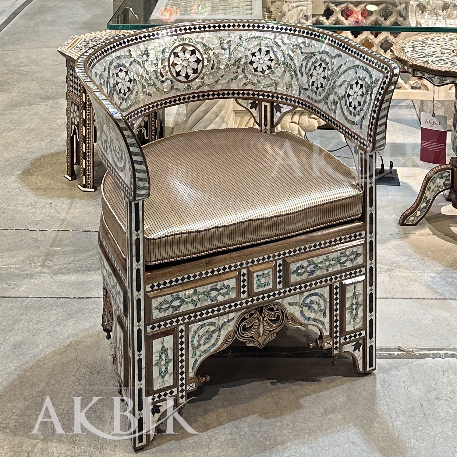 Handcrafted Syrian Mother-of-Pearl Inlaid Barrel Back Chair