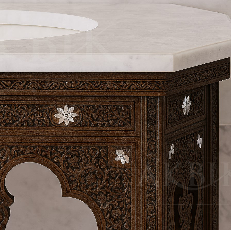 Wooden console table with intricate carvings and marble top