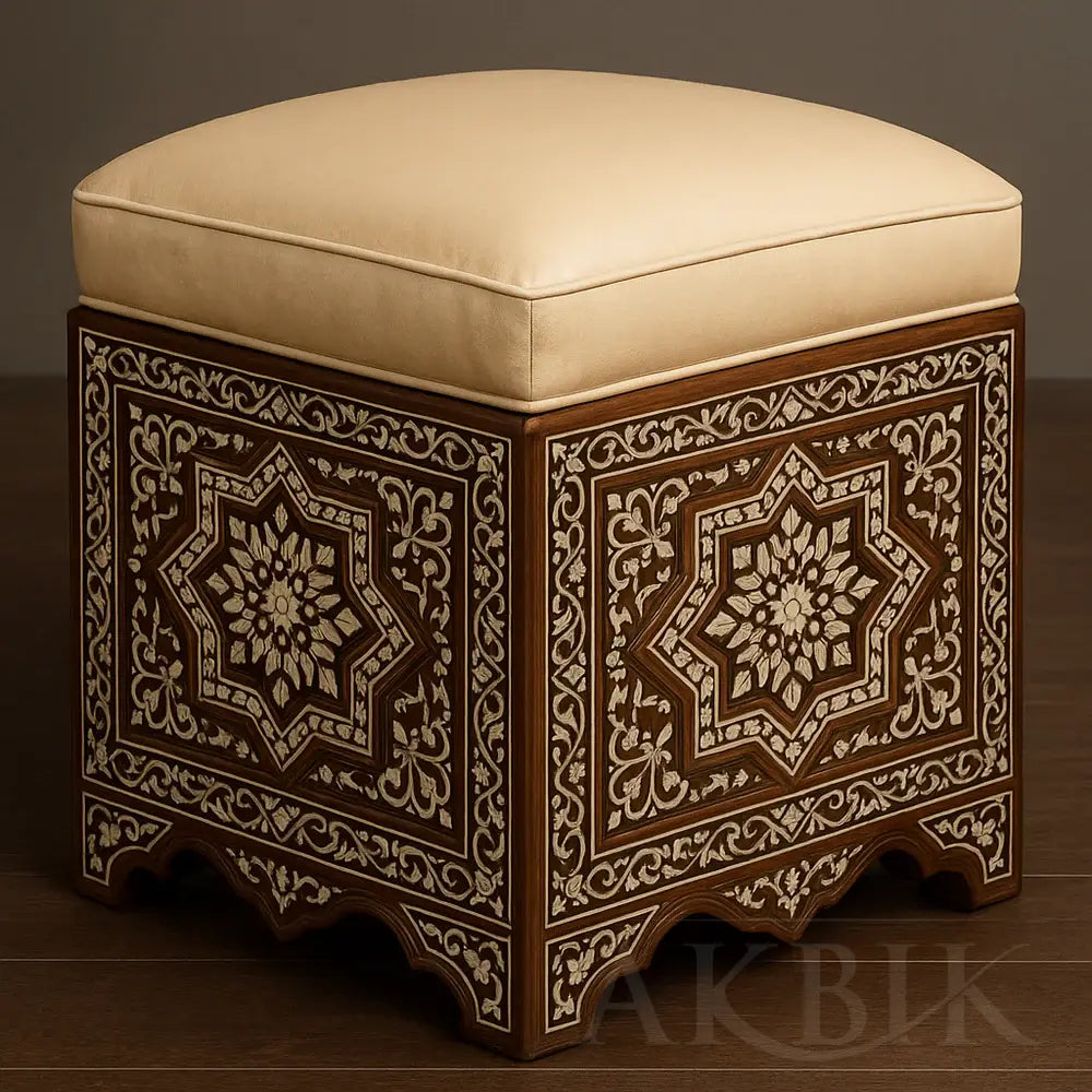 Decorative ottoman with intricate patterns on a brown background