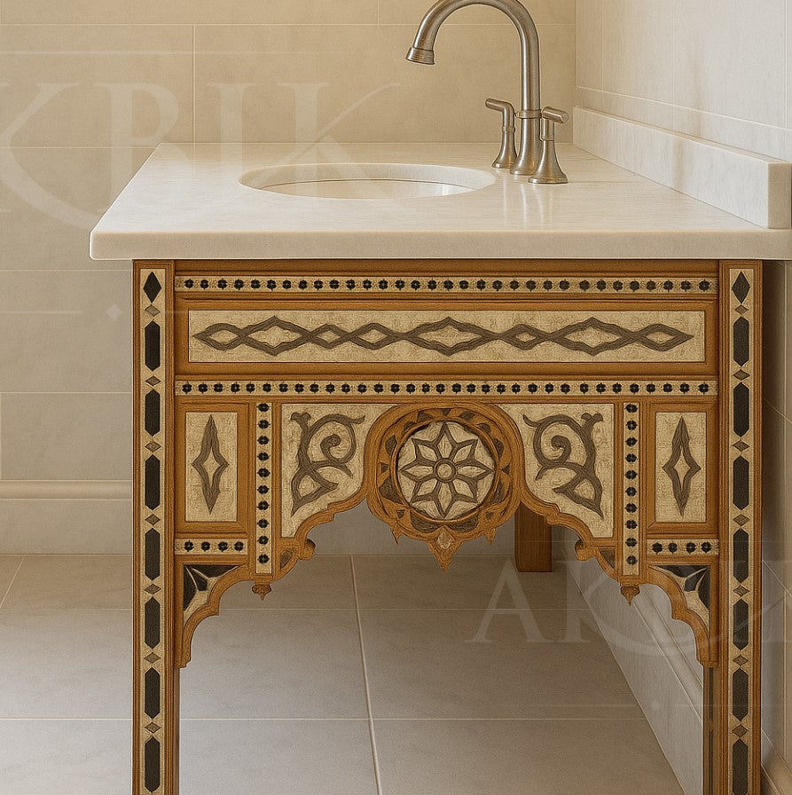 Decorative wooden vanity inlaid with mother of pearl and abalone with a sink and faucet in a bathroom setting.