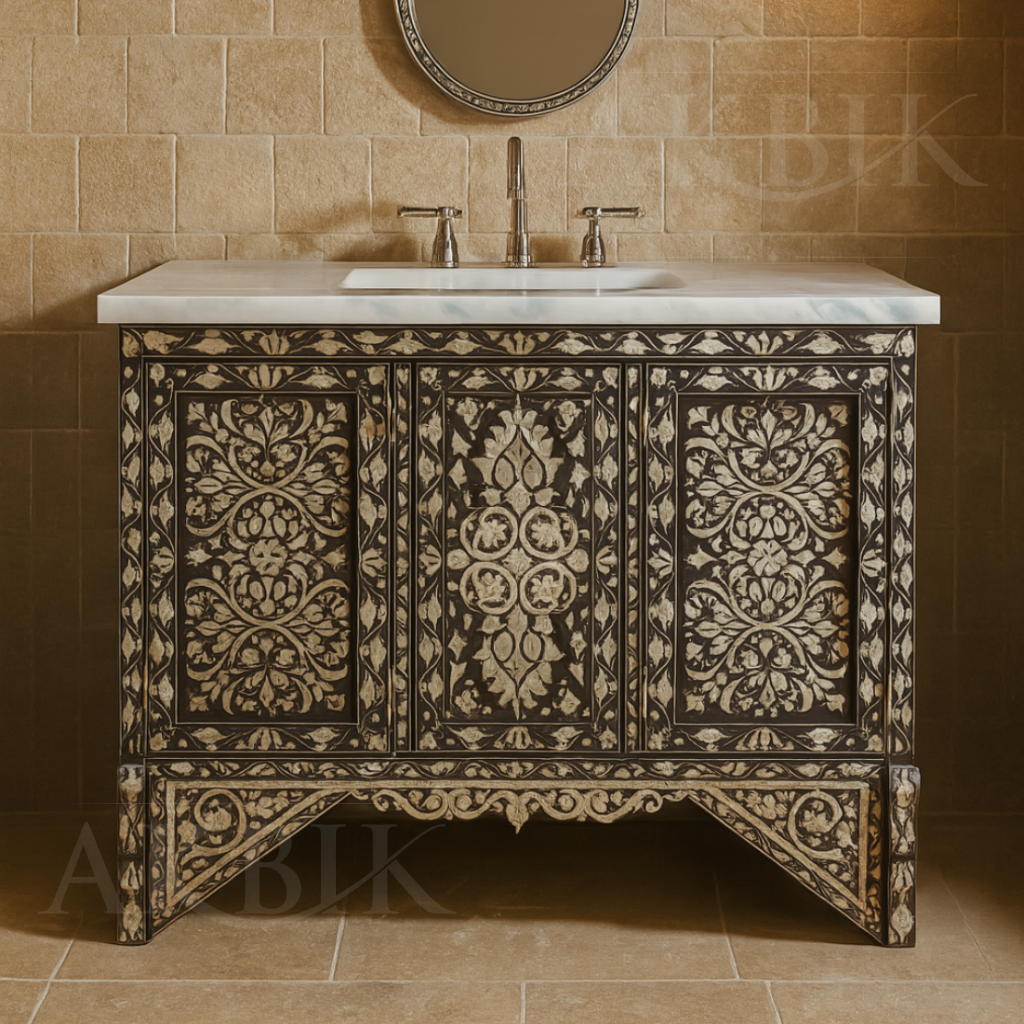 MIRRORED PARADISE BATHROOM VANITY - Hand inlaid with mother of pearl on solid wood by AKBIK Furniture & Design