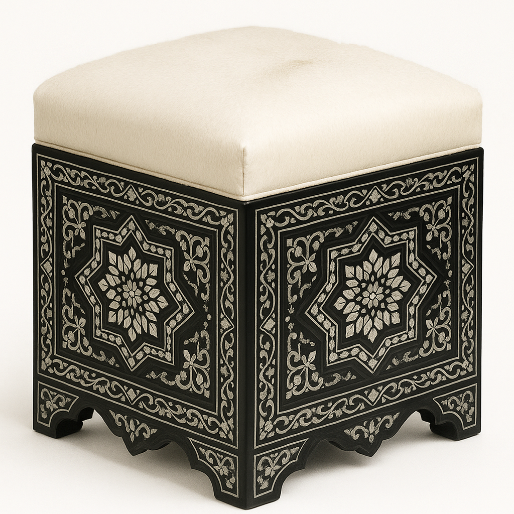 Handcrafted Ottoman with Mother-of-Pearl Detailing and Custom Upholstery