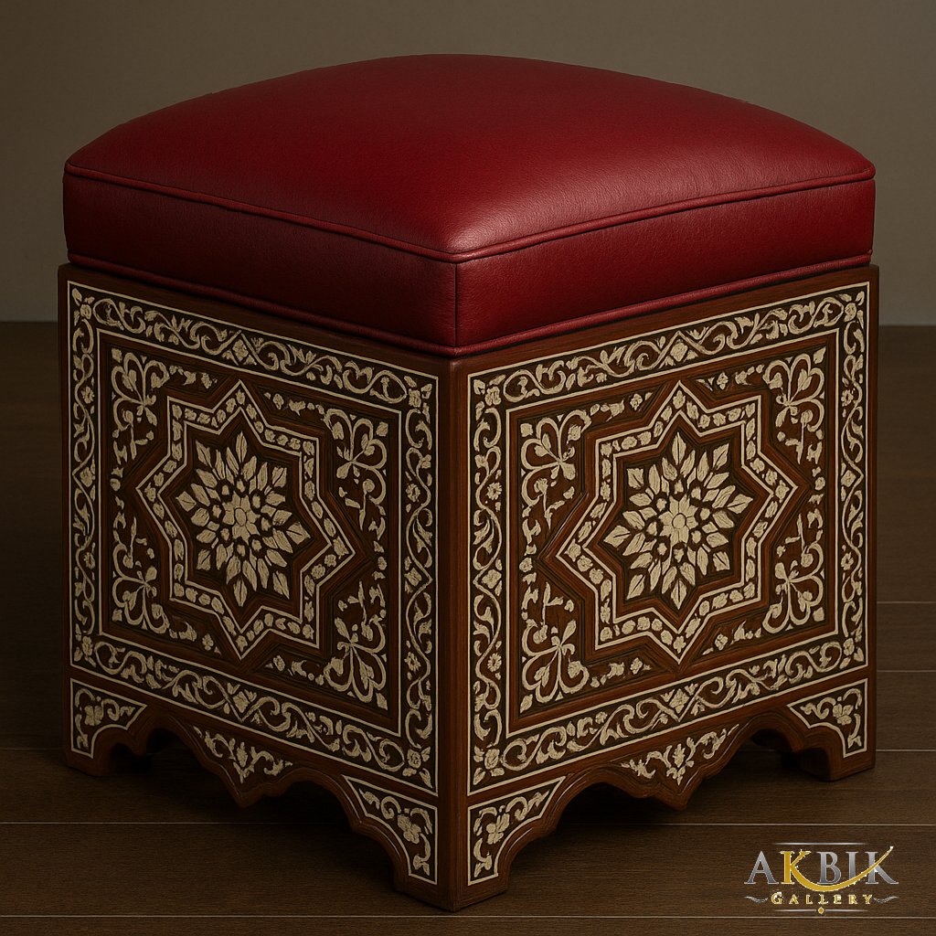 Handcrafted Ottoman with Mother-of-Pearl Detailing and Custom Upholstery