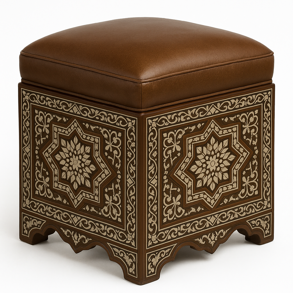 Handcrafted Ottoman with Mother-of-Pearl Detailing and Custom Upholstery