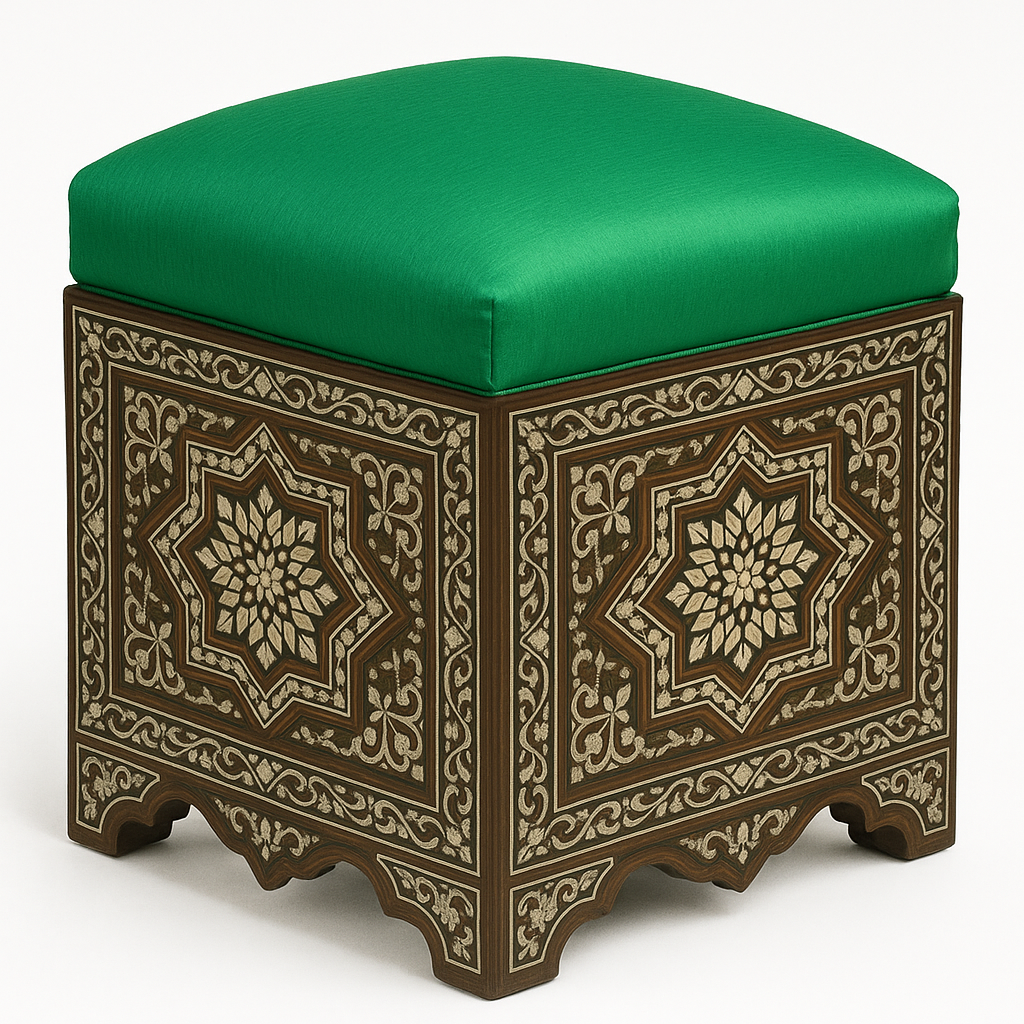 Handcrafted Ottoman with Mother-of-Pearl Detailing and Custom Upholstery
