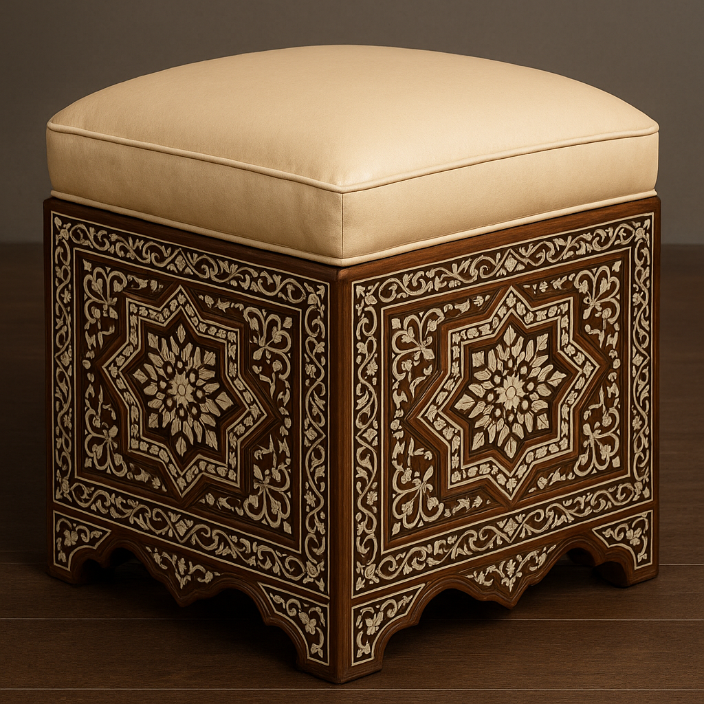 Handcrafted Ottoman with Mother-of-Pearl Detailing and Custom Upholstery