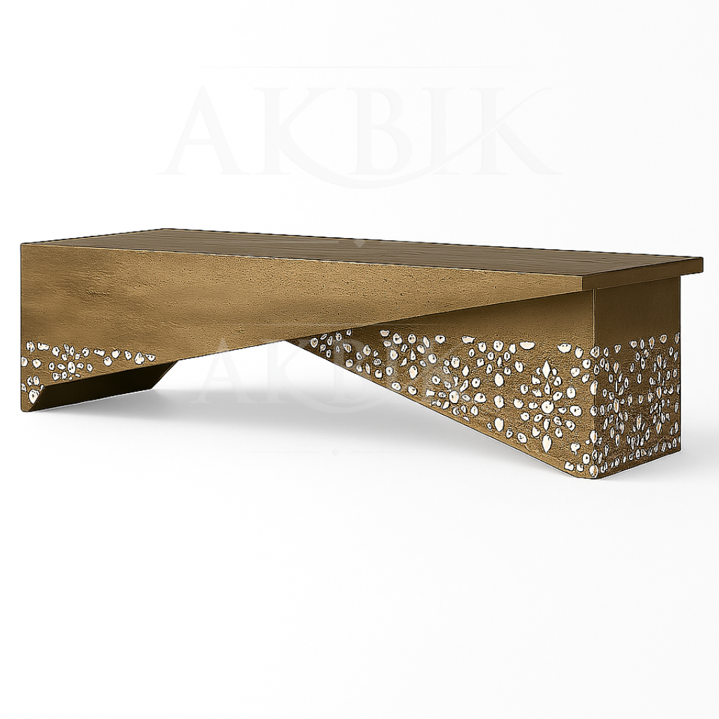 Wooden coffee table with floral cutout design on a mother of pearl white inlay background by Akbik Funriture & Design
