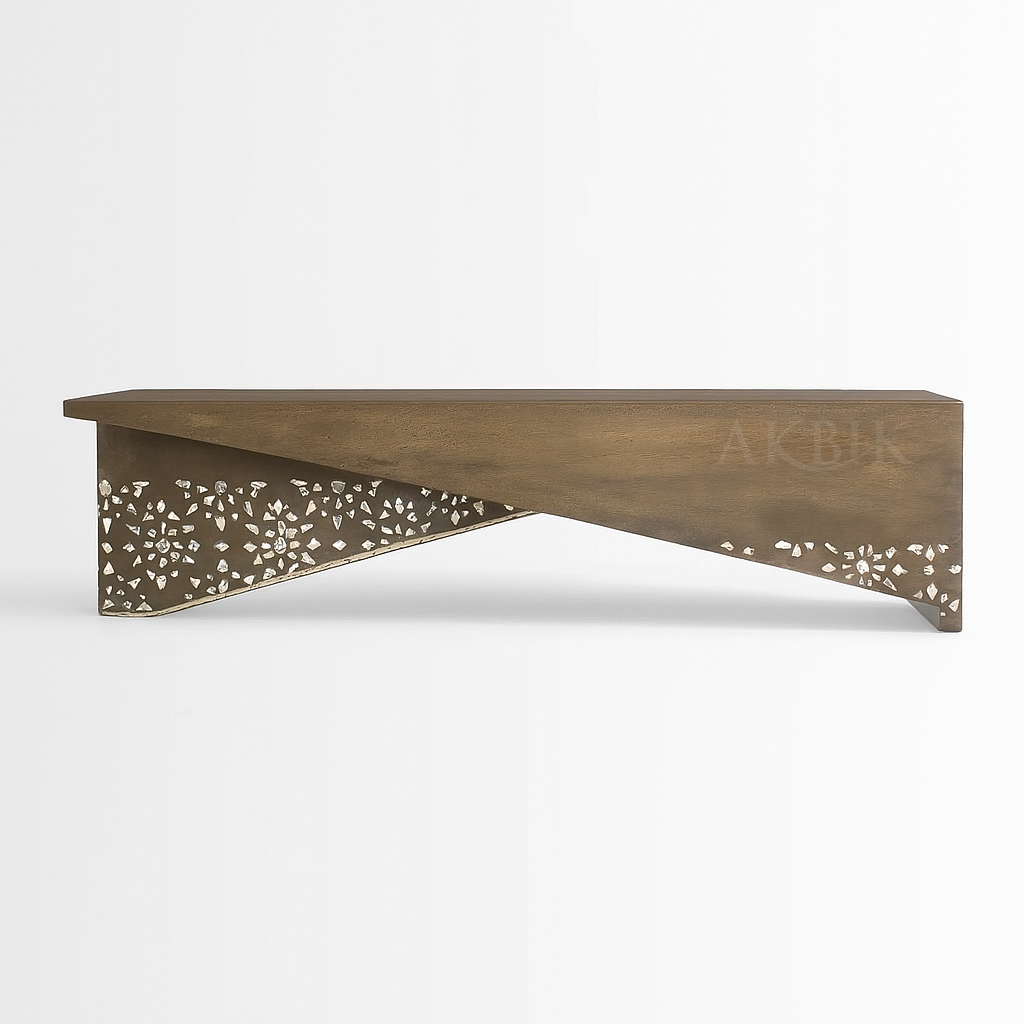 Wooden coffee table with floral cutout design on a mother of pearl white inlay background - Side View - by Akbik Funriture & Design 