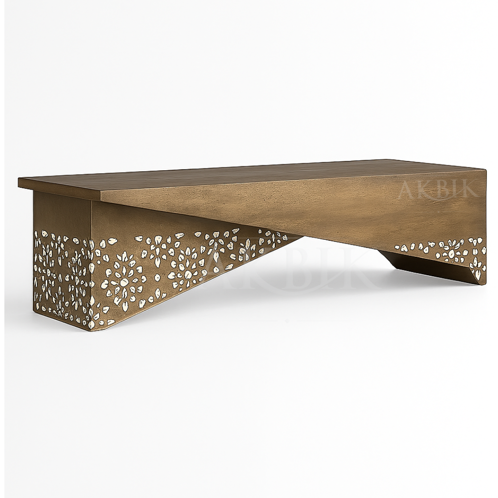 Wooden coffee table with floral cutout design on a mother of pearl white inlay background by Akbik Funriture & Design