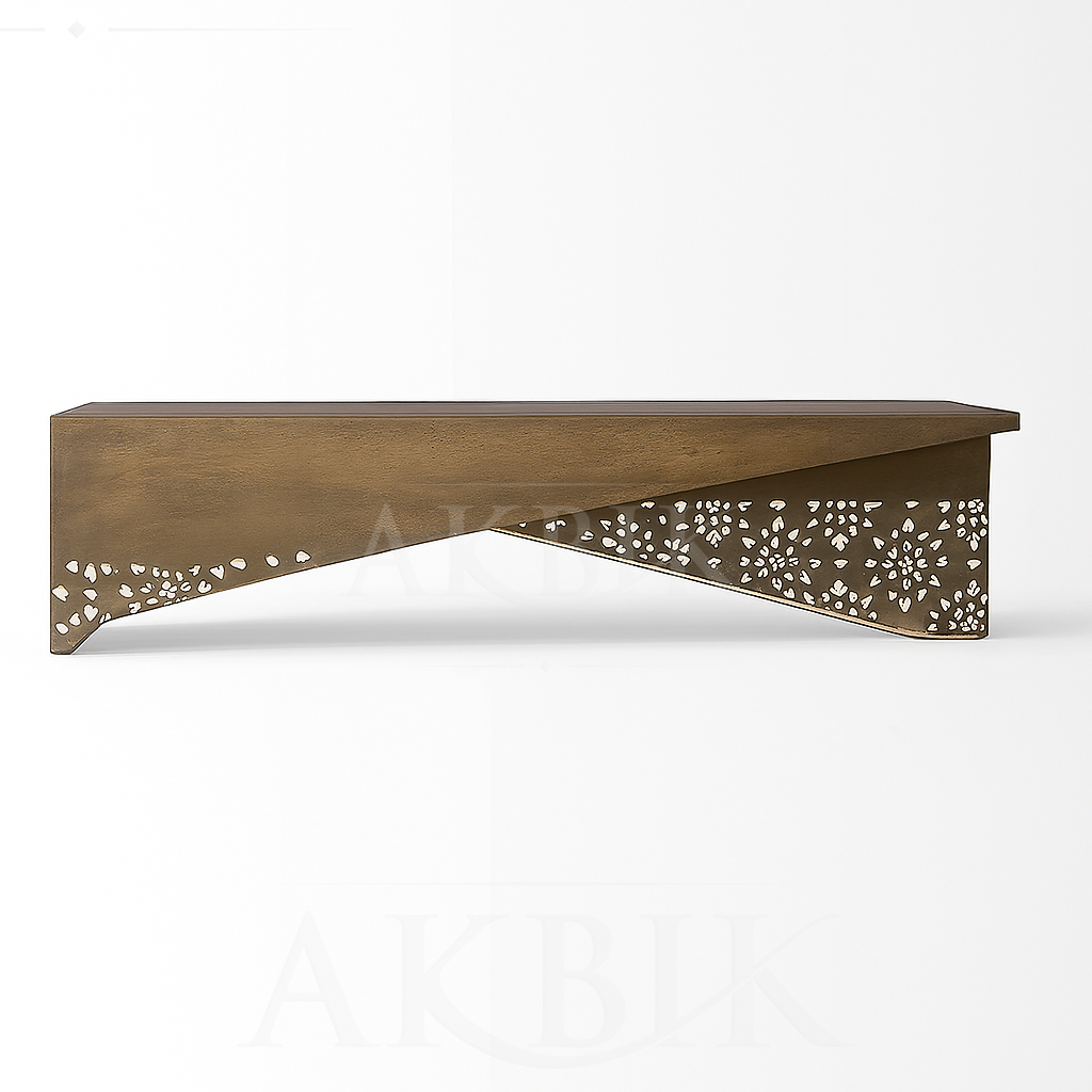 Side View - ooden coffee table with floral cutout design on a mother of pearl white inlay background by Akbik Funriture & Design