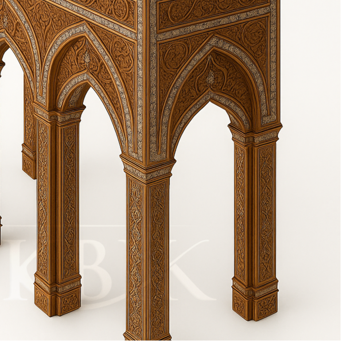 Decorative wooden table with intricate carvings on a white background
