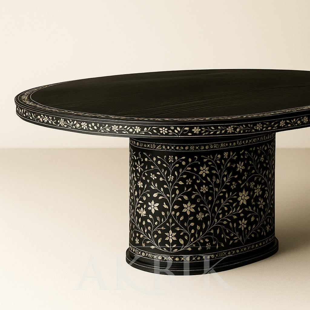 Ebonia – Oval Ebonized Walnut Dining Table with Mother-of-Pearl Inlay | Custom Sizes Available
