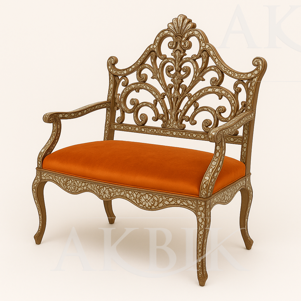 Entryway Bench - Handcrafted Syrian-Inspired Settee with Custom COM Upholstery