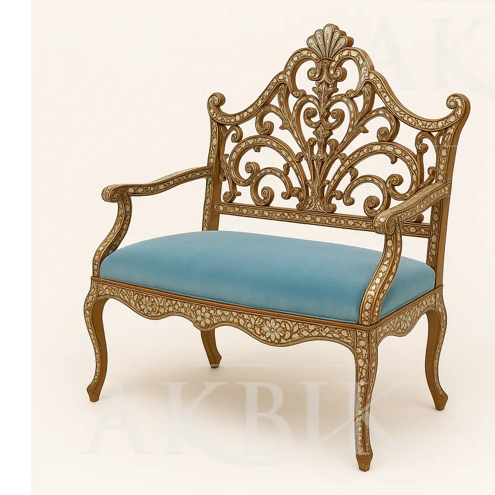 Entryway Bench - Handcrafted Syrian-Inspired Settee with Custom COM Upholstery