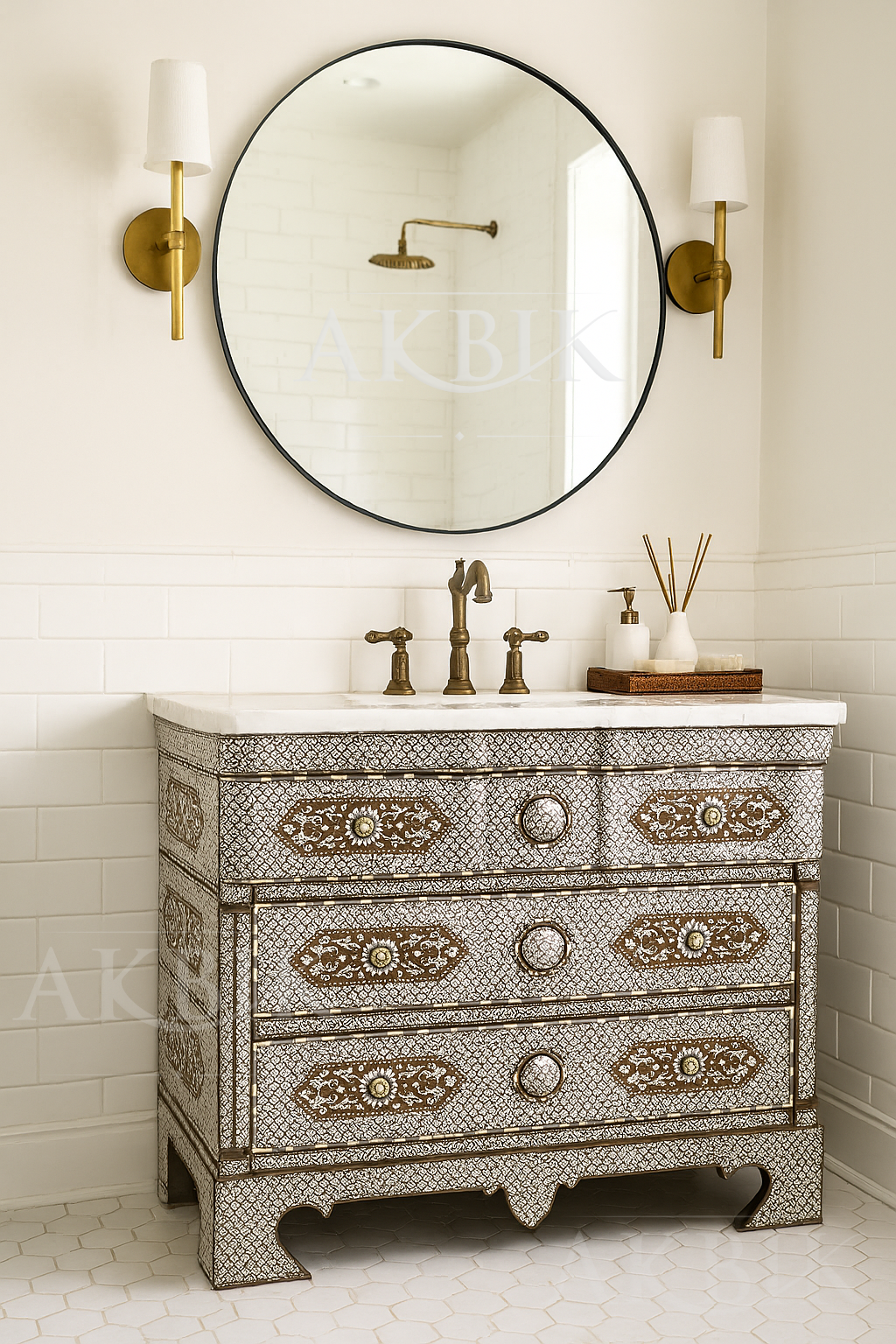 Shell & Vine Mother of Pearl Syrian Chest of Drawers – Custom Bathroom Vanity Option