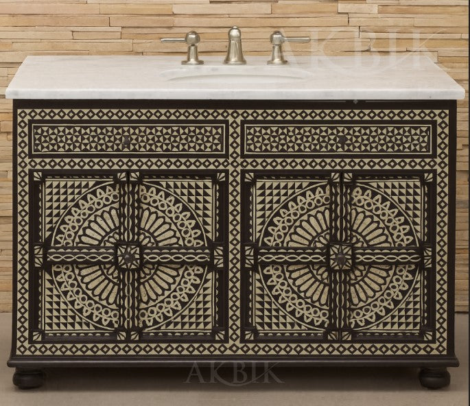 Bathroom vanity with decorative patterned design on a wooden wall background