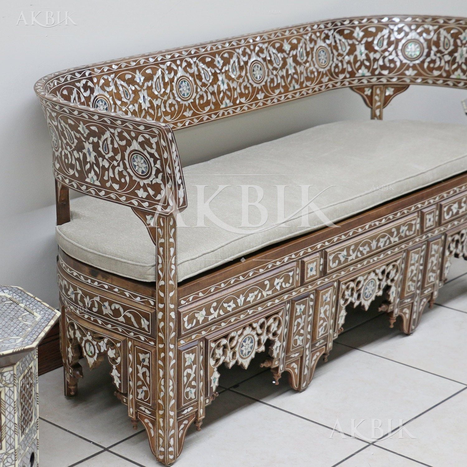 Garden of Pearls - Sofa Inlaid with Mother of Pearl on Walnut by Akbik Furniture & Design