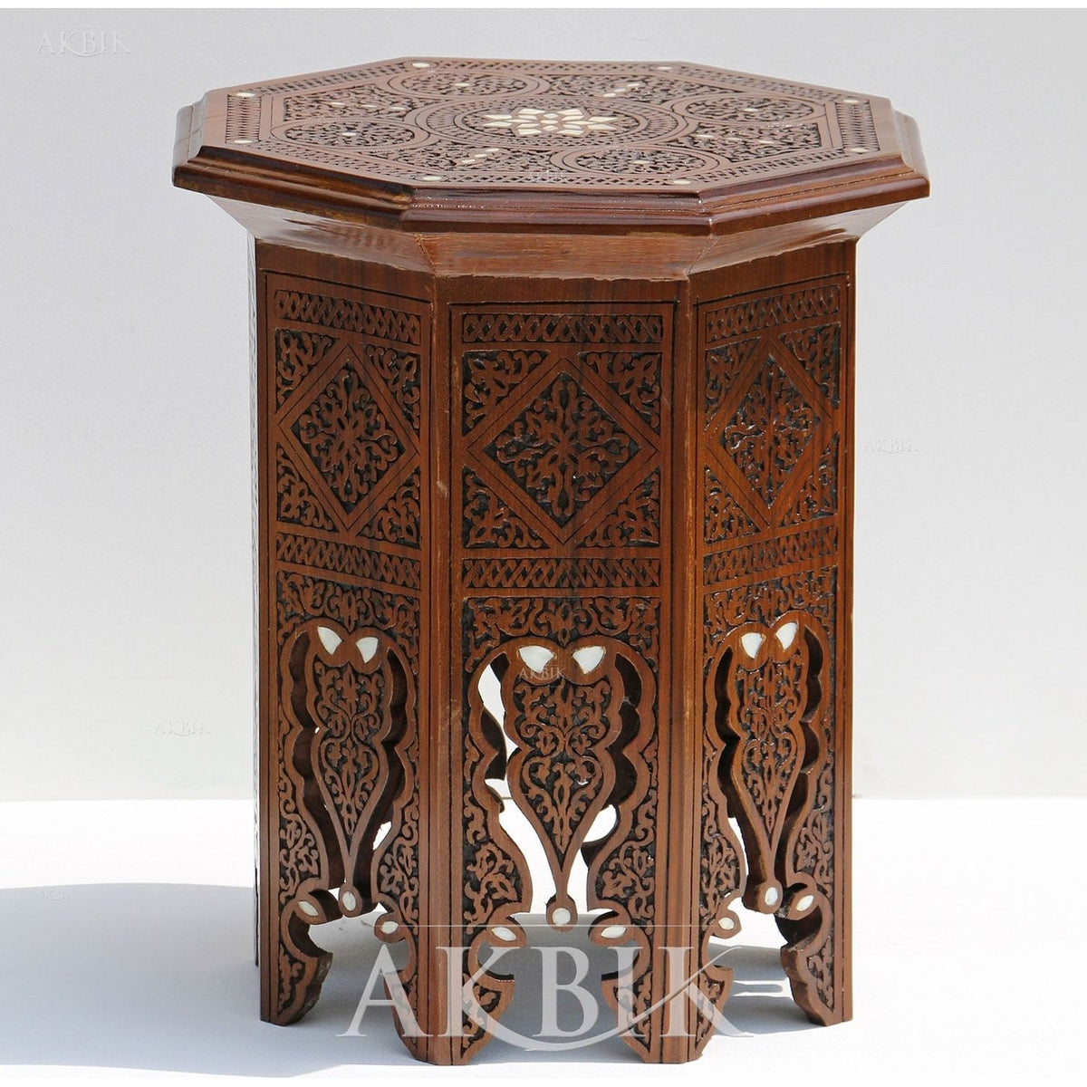 Levantine-Moroccan Hand-Carved End Table with Mother-of-Pearl – Akbik ...