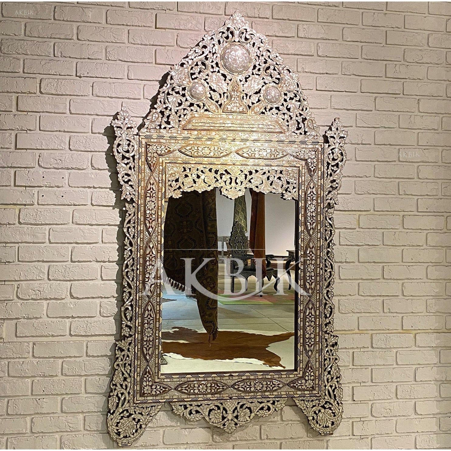 Syrian mother of pearl mirror frames carved by hand
