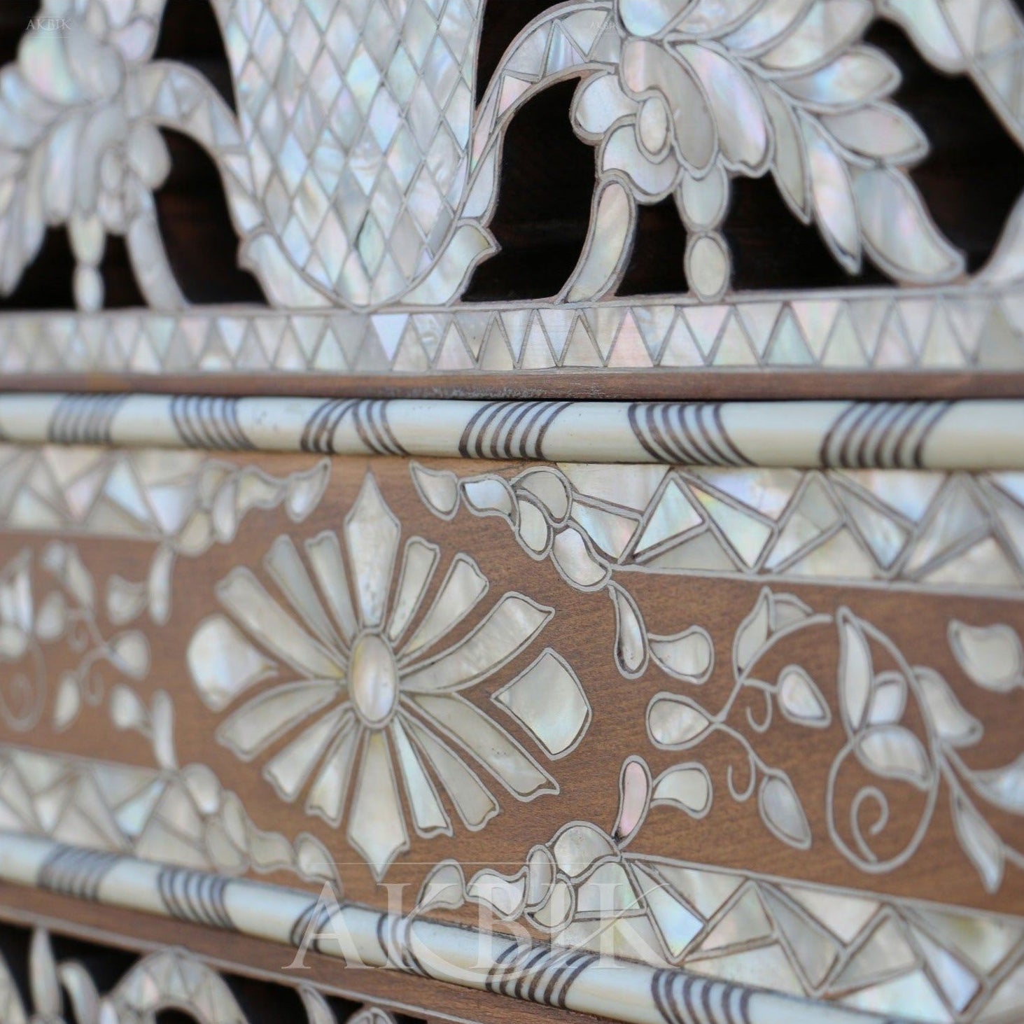 Nymphs’ Dream: Sculptural Mirror with Mother-of-Pearl Inlay in Ornate Floral Motifs - AKBIK Furniture & Design